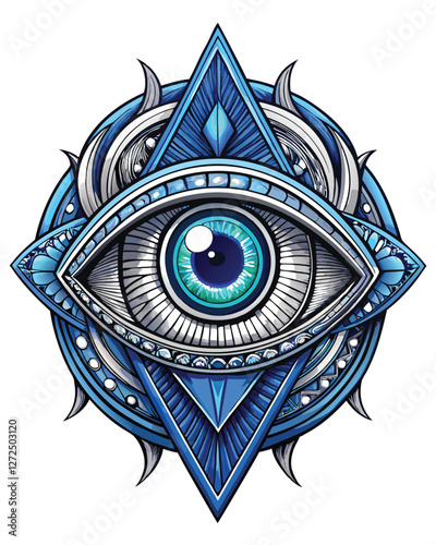 Create a surreal image depicting an alien eye intricately interwoven with sharp, vibrant geometric patterns, showcasing a biomechanical fusion.