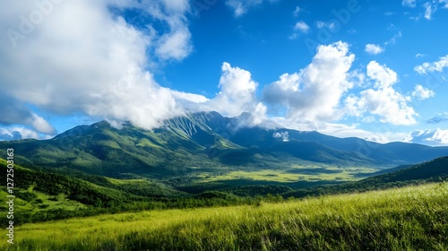 Breathtaking Mountain Landscape with Lush Green Hills and Blue Sky : Generative AI