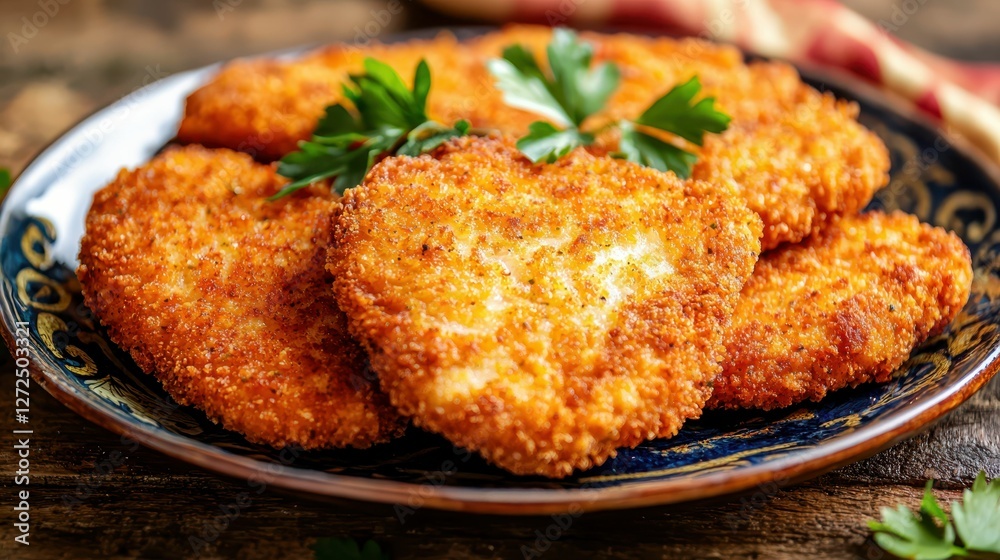 Crispy Fried Breaded Chicken Cutlets Served on Rustic Plate Crispy Fried Breaded Chicken Cutlets Served on Rustic Plate