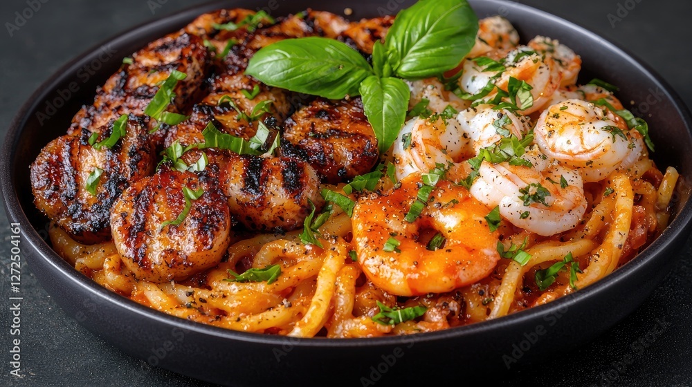 Fototapeta premium Grilled scallops and shrimp served over thick pasta in a black bowl, garnished with fresh basil and herbs.