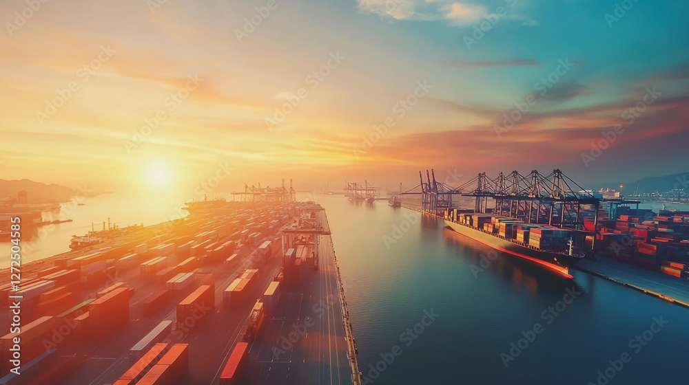 Fototapeta premium Container truck in ship port for business Logistics and transportation of Container Cargo ship and Cargo plane with working crane bridge in shipyard at sunrise, logistic import export and transport