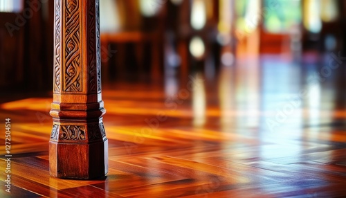 Intricate Wooden Pillar and Polished Hardwood Floor in Warm Light