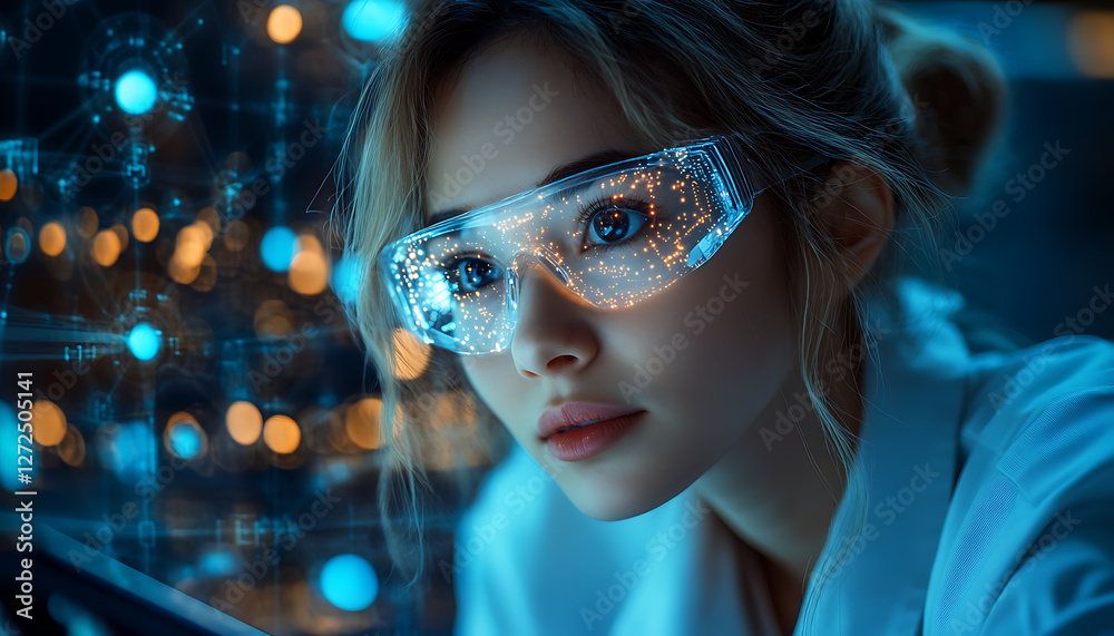 Futuristic concept of a female engineer interacting with a digital robotic arm using a tablet. Artificial intelligence, automation, and smart manufacturing in an industrial setting Futuristic concept of a female engineer interacting with a digital robotic arm using a tablet. Artificial intelligence, automation, and smart manufacturing in an industrial setting