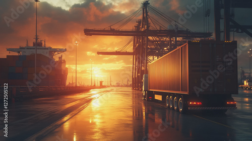 Container truck in ship port for business Logistics and transportation of Container Cargo ship and Cargo plane with working crane bridge in shipyard at sunrise, logistic import export and transport