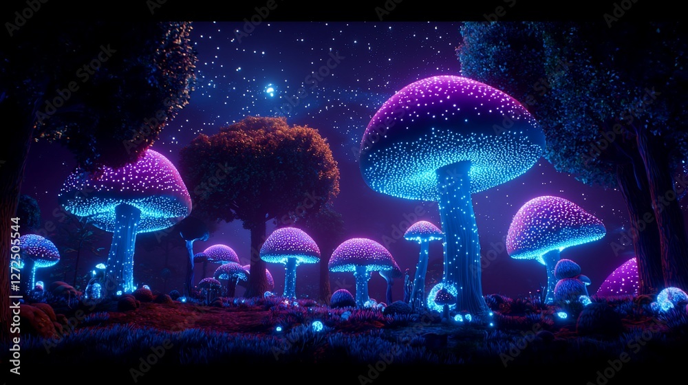 Fototapeta premium Glowing mushrooms in a fantasy forest at night.