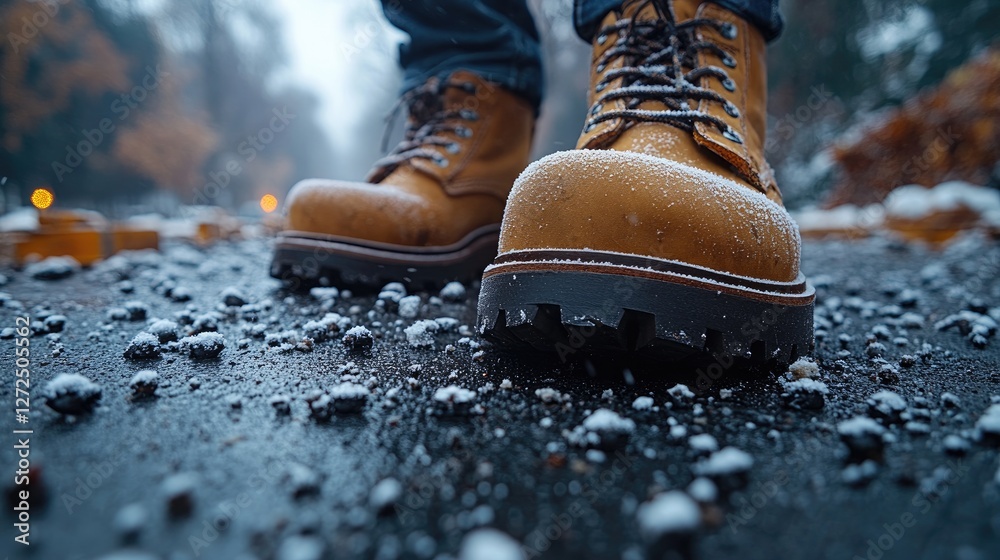 Frosty boots, city street, winter walk, blurred background Frosty boots, city street, winter walk, blurred background