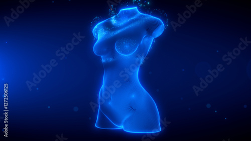 Holographic representation of a Female Chest, depicted with a glowing blue grid pattern, creating a futuristic and digital aesthetic.