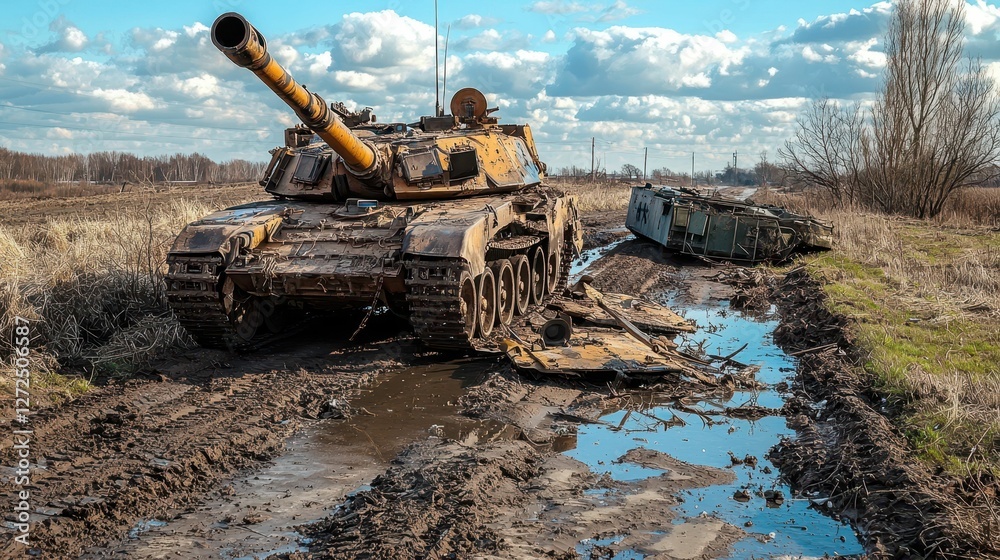Armored Recovery Vehicle Assisting Damaged Tank in Muddy Terrain Armored Recovery Vehicle Assisting Damaged Tank in Muddy Terrain