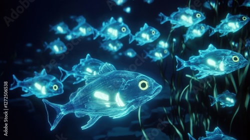 A group of Lumo fish swimming together in the dark ocean, their glowing bodies creating a mesmerizing underwater light show.