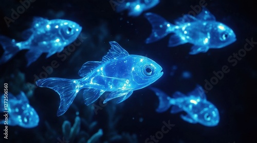 A group of Lumo fish swimming together in the dark ocean, their glowing bodies creating a mesmerizing underwater light show.