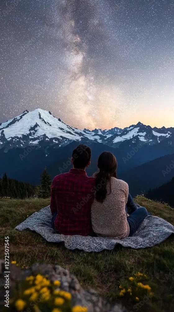Fototapeta premium Couple enjoying a starlit night on a mountain overlook with snow-capped peaks