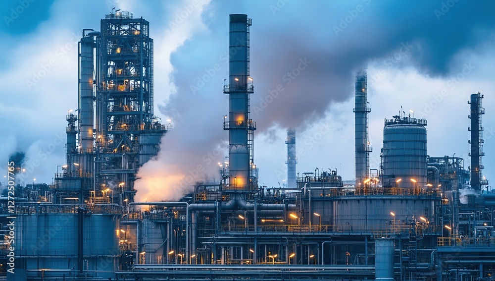 Industrial Refinery: Structures, Processes, and Environmental Impact at Night Industrial Refinery: Structures, Processes, and Environmental Impact at Night