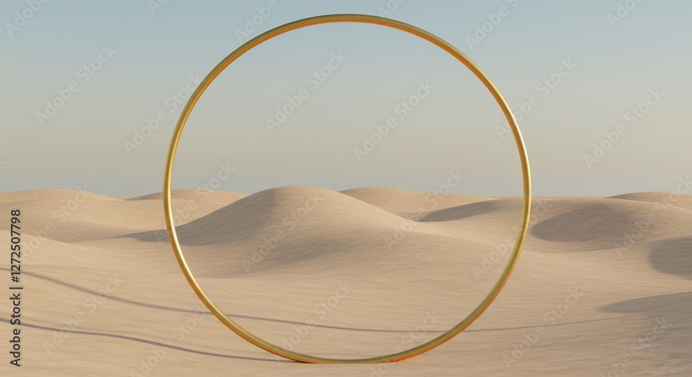 Golden circle stands in a vast and empty desert scene Golden circle stands in a vast and empty desert scene