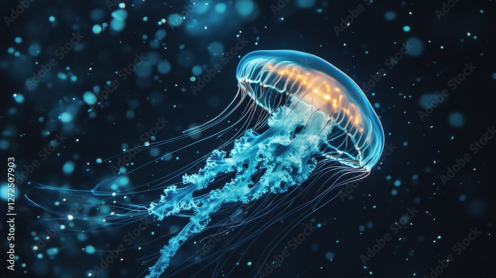 Fototapeta premium An underwater photographer capturing a breathtaking scene of a glowing jellyfish drifting through the dark abyss, with tiny luminescent particles floating in the water. 