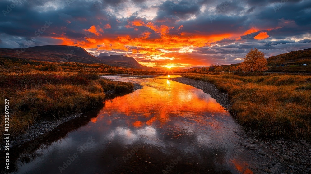 Fototapeta premium Autumn Sunset over Mountain River; Scenic Reflection