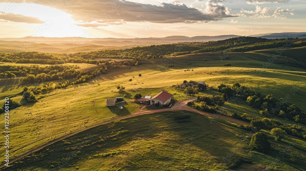 Fototapeta premium Tranquil Countryside Haven with Rolling Hills and Beautiful Sunset