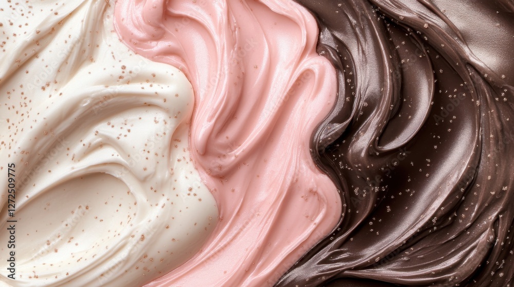 Close-up of melted chocolate and creamy swirl with a delicious, flowing texture Close-up of melted chocolate and creamy swirl with a delicious, flowing texture
