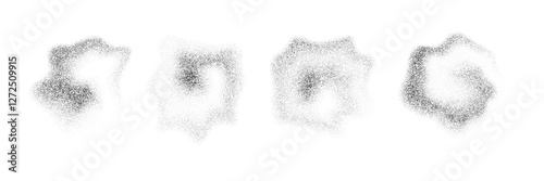 Fluid stippled gradient drop shapes. Grainy spray spots and stains. Black dotted liquid object set. Noise splashes and splatters forms. Dissolve sand dust texture. Vector fading halfton elements