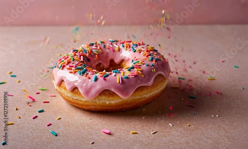 Delightful video of a pink-frosted donut with colorful sprinkles and more sprinkles falling onto it against a soft pink background.

