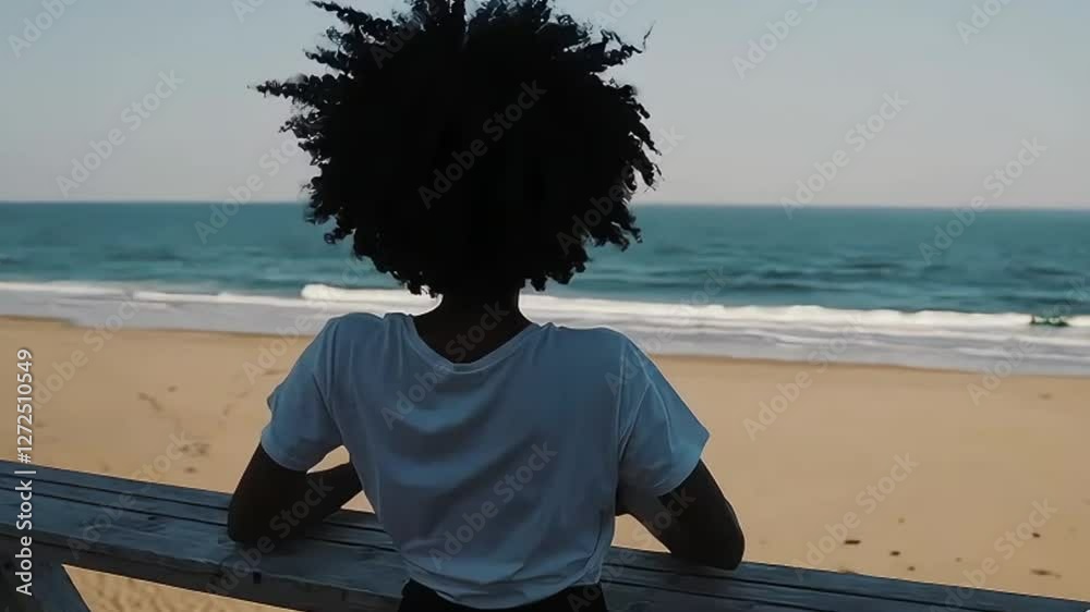 A black woman with black power hair, a white T-shirt and black shorts, stands at a lookout point on a deserted beach, her back to the sea.
