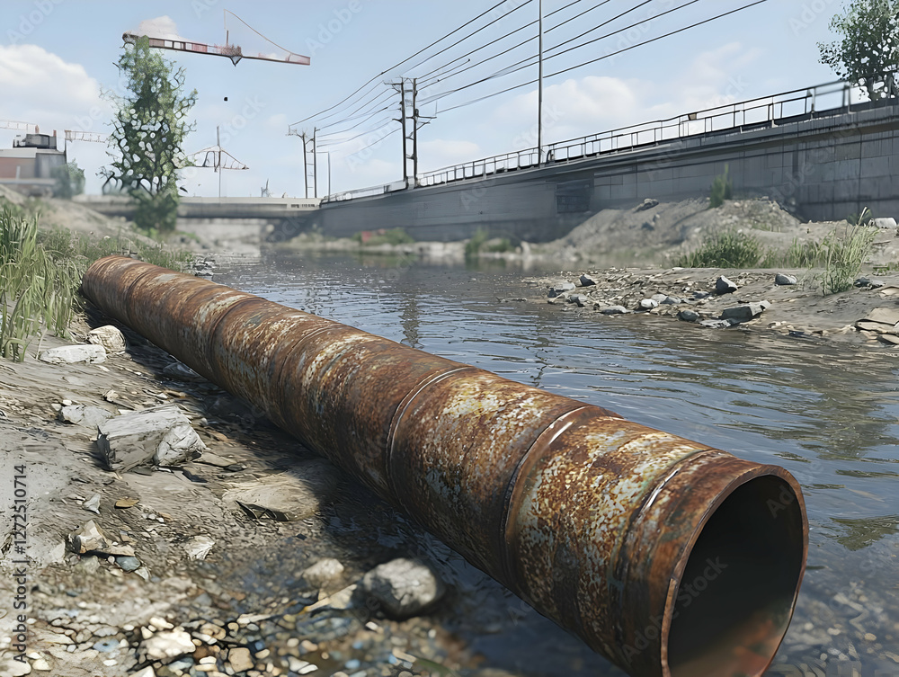 Rusty pipe by polluted river, urban background Rusty pipe by polluted river, urban background