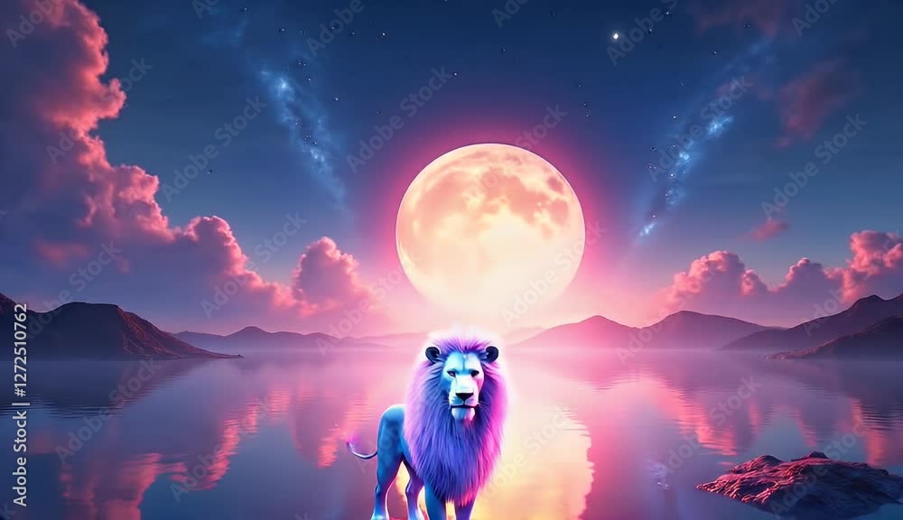 A majestic purple lion stands on a rock in a serene lake under a giant pink moon. The scene is dreamy and magical.
