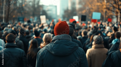 Assassination attempt during a political rally in a crowded city square. Featuring a figure disguised as a bystander