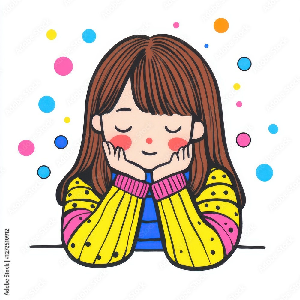 Cheerful Girl with Hands on Face Wearing Colorful Sweater Surrounded by Colorful Dots and Circles Cheerful Girl with Hands on Face Wearing Colorful Sweater Surrounded by Colorful Dots and Circles