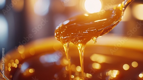Golden honey dripping from a spoon into a bowl photo