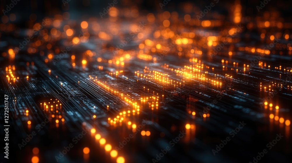 Obraz premium Glowing Circuits Flowing, Cityscape Background, Tech Concept