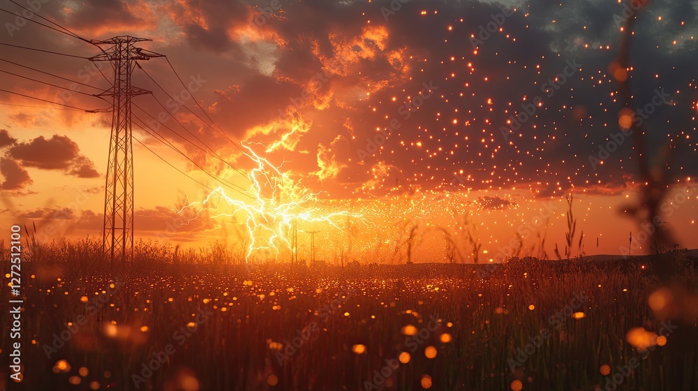 Fototapeta premium Sunset Lightning Strikes Power Line Across Field