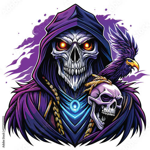 A majestic eagle head, rendered in a grim reaper style, features a glowing skull as its beak.  Dark, ominous, and fantastical.