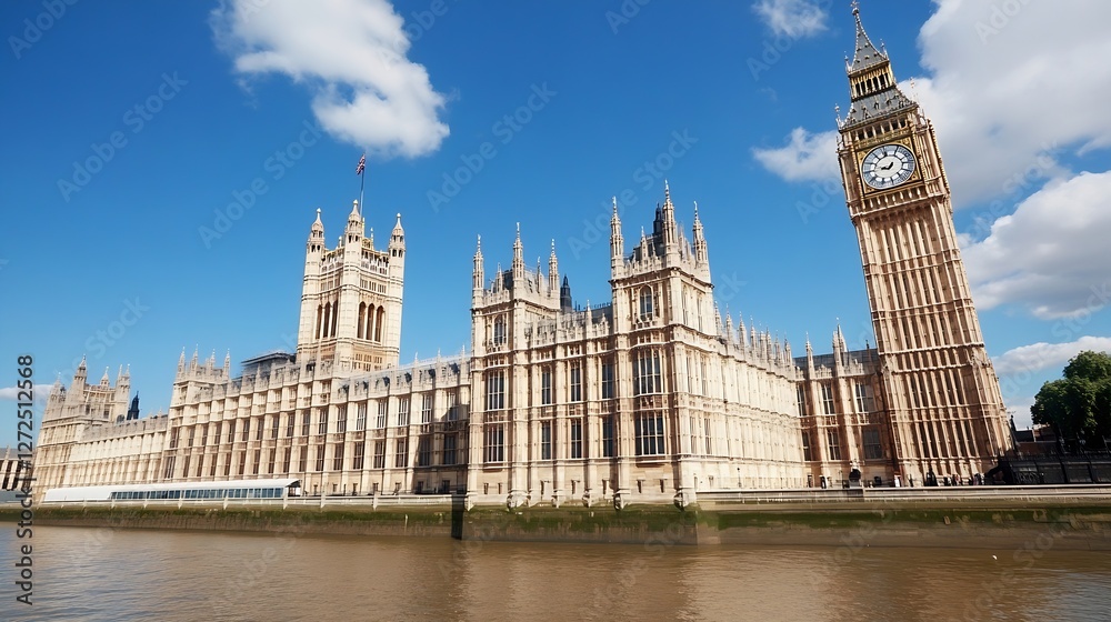 Fototapeta premium Historic Architecture of the Houses of Parliament and Big Ben on a Sunny Day : Generative AI