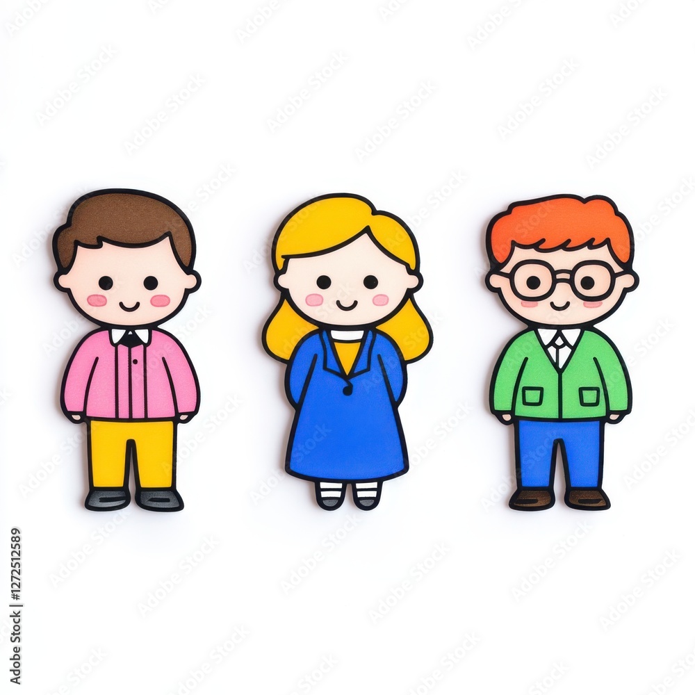 Colorful Cartoon Characters of Boy, Girl, and Nerdy Male with Bright Clothing and Cheerful Expressions Colorful Cartoon Characters of Boy, Girl, and Nerdy Male with Bright Clothing and Cheerful Expressions