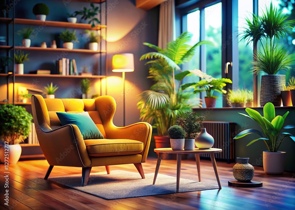 Fototapeta premium Modern Living Room Interior Design with Comfortable Armchair, High Depth of Field Stock Photo