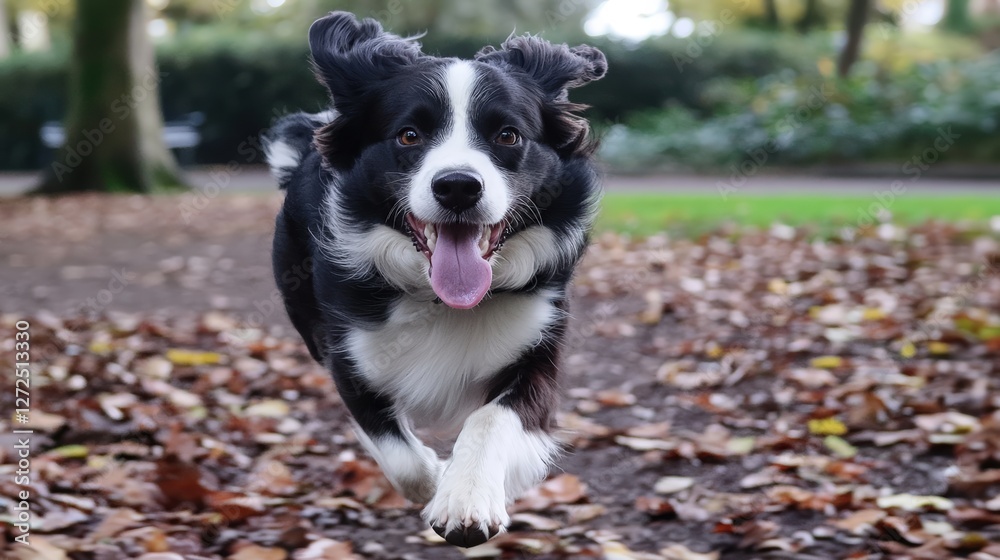 Energetic Border Collie's Joyful Run: A lively Border Collie, captured mid-run, exudes pure happiness with its tongue playfully lolling out.