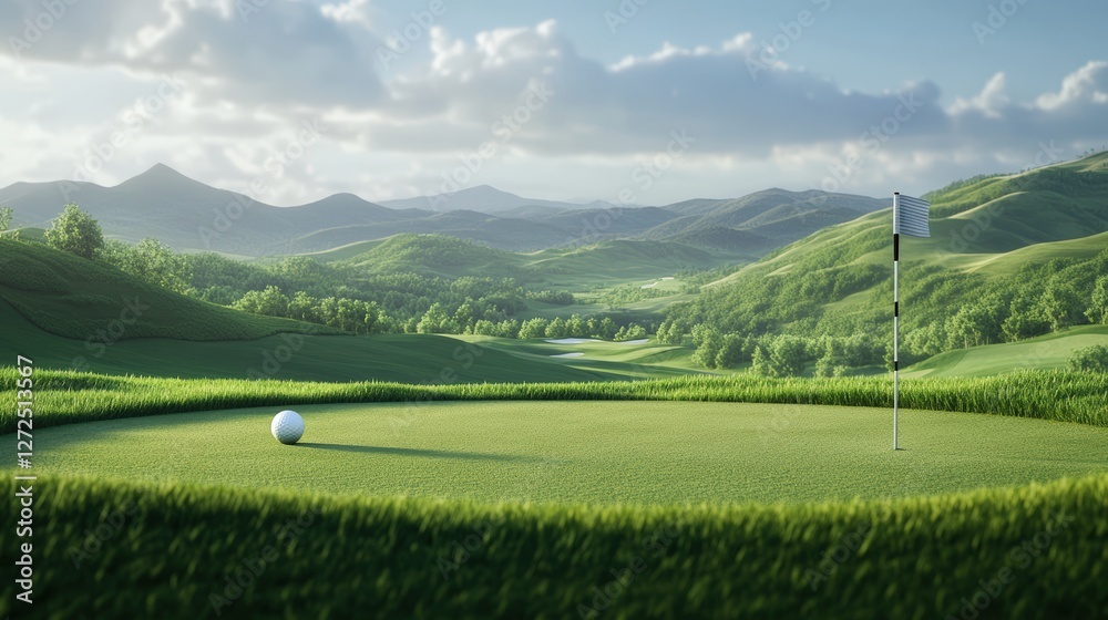 Fototapeta premium Tranquil Green: A perfectly manicured golf course green with a white golf ball, flag, set against the backdrop of rolling green hills under a cloudy sky.