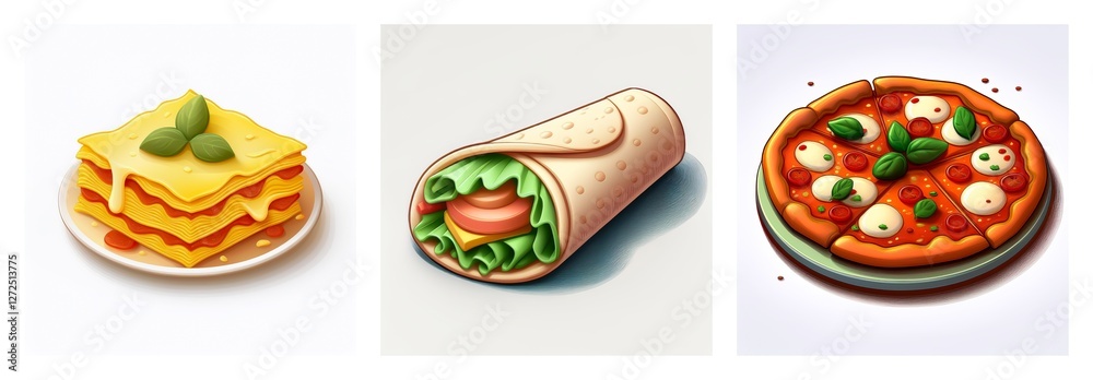 Three food dishes are displayed: lasagna with basil, a vegetable wrap, and a pizza topped with tomato, cheese, and basil. Three food dishes are displayed: lasagna with basil, a vegetable wrap, and a pizza topped with tomato, cheese, and basil.