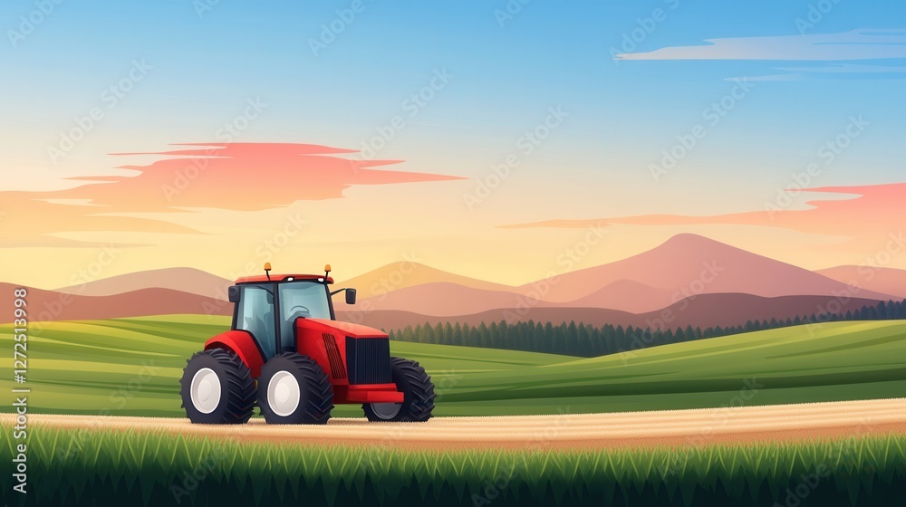 Fototapeta premium Vibrant Red Tractor on Rural Landscape with Mountains and Sunset in the Background of an Agricultural Scene