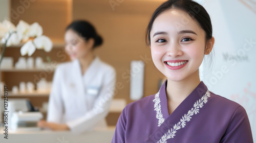 Indonesian spa and beauty care receptionist woman in purple dress smiling at lobby front desk