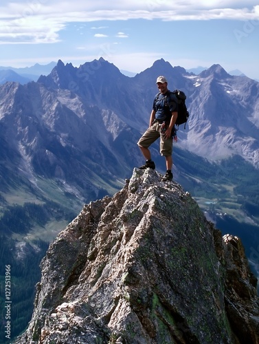 Adventurous hiker standing triumphantly atop a mountain peak surrounded by a breathtaking natural landscape : Generative AI