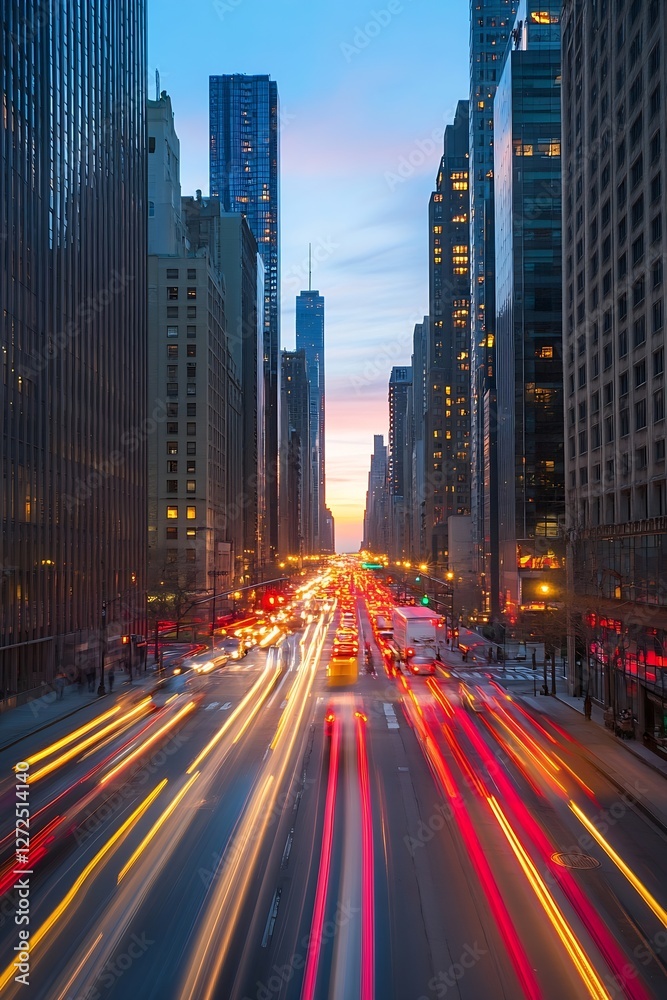 Obraz premium Vibrant Cityscape with Colorful Light Trails and Stunning Sunset in Urban Setting : Generative AI