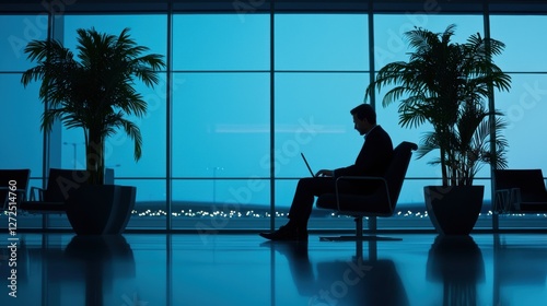 Businessman working quietly in an airport lounge at dusk photo