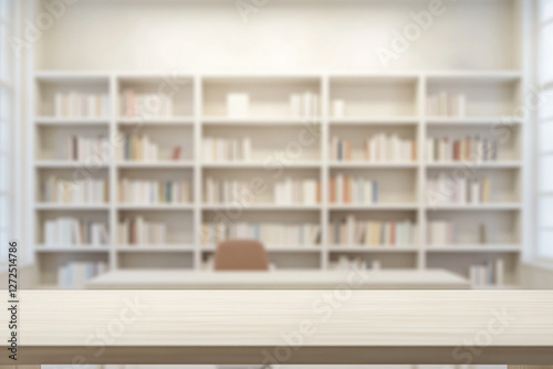 Blurry Office Library with Wooden Desk in Foreground