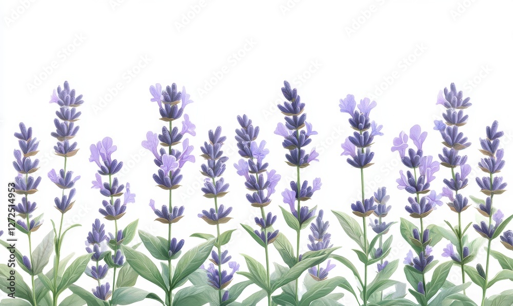 Obraz premium A vibrant display of lavender flowers in full bloom against a soft white background, ideal for nature-themed designs