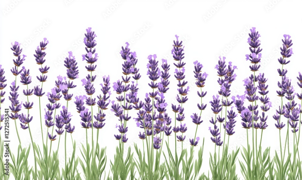 Naklejka premium A vibrant field of lavender flowers swaying gently in a serene landscape under a clear sky