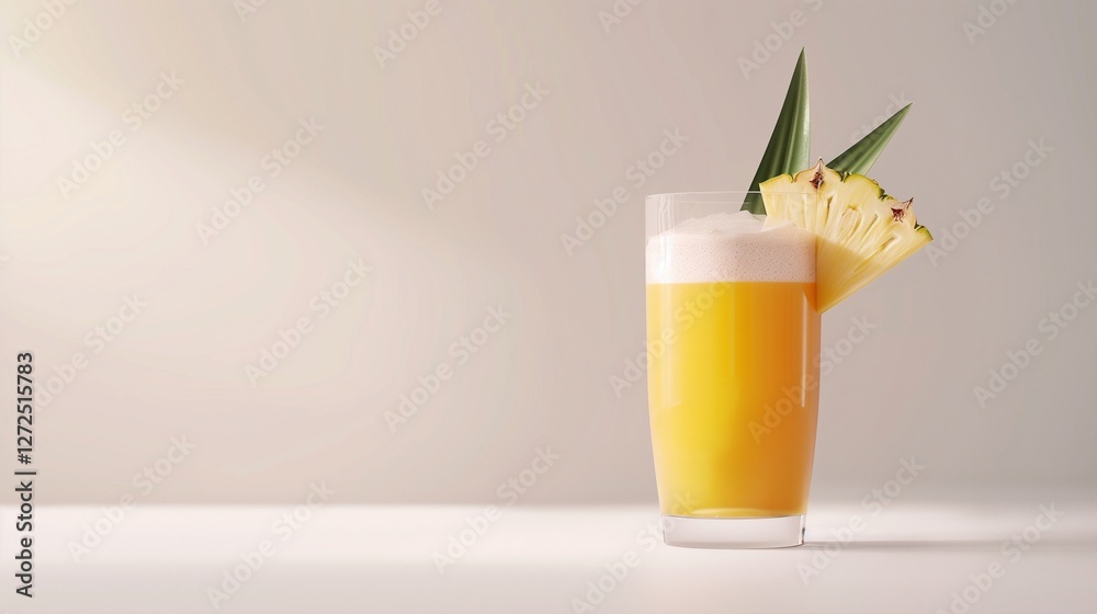 A sleek glass of pineapple juice, with a frothy top layer, garnished with a pineapple leaf, isolated on a pristine white background. A sleek glass of pineapple juice, with a frothy top layer, garnished with a pineapple leaf, isolated on a pristine white background.
