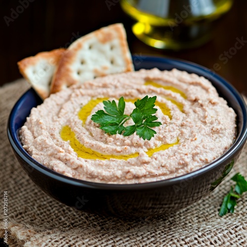 Creamy hummus in bowl with crackers and olive oil drizzle on rustic placemat photo