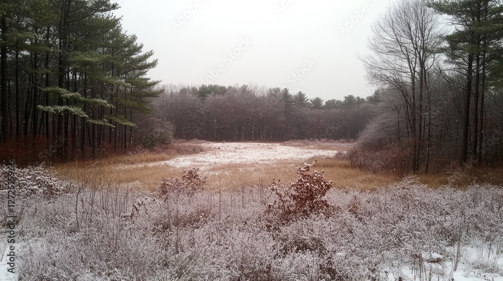 Snowy field bordered by winter trees during snowfall Snowy field bordered by winter trees during snowfall