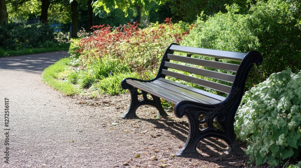 Park bench surrounded by vibrant flowers and greenery on a sunny day Park bench surrounded by vibrant flowers and greenery on a sunny day